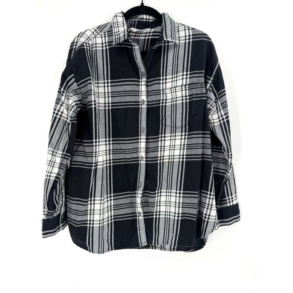 Old Navy Boyfriend Shirt Women L Black Plaid Cotton Loose Fit Button Down Grunge